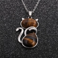 Collana in acciaio inossidabile con pendente a gatto e pietre occhio di tigre lucide - Occhio di Tigre Gatto