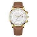 Détail de montre homme dorée avec cadran blanc, chiffres romains et guichet de date - Cadran Blanc Aiguilles Or Boîtier Or Bracelet Brun