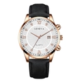 Détail du boîtier or rose, cadran blanc avec strass et date sur cette montre pour homme - Cadran Blanc Aiguilles Or Rose Boîtier Or Rose Bracelet Noir