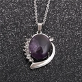 Stainless steel necklace with moon crescent pendant and dark purple oval gemstone - Purple Crystal