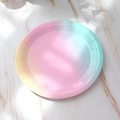 Pastel gradient disposable party paper plate with sparkling gold glitter and ruffled edges - 7-Inch Round Gradient