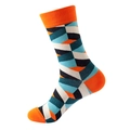 Adult mid-calf socks with 3D geometric patchwork design in orange and blue tones - No. 126 Geometric Cube