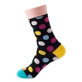 Polka dot crew socks with colorful contrast heel and toe in a vibrant black cotton blend - No. 145 Black Background Polka Dot