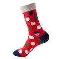 Red crew sock with colorful polka dots, light grey ribbed cuff and blue reinforced heel - No. 147 Red Background Polka Dot