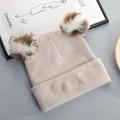 Cute beige knit cat ear beanie with fluffy faux fur pom-poms and embroidery - Beige