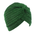 Macro detail of green turban hat showing shiny metallic thread and pleated fabric texture - One Size / Green