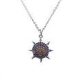 Silver necklace with colorful zircon star pendant on a clean white background - Sunburst Shape Pin Buckle O-Chain / White Gold
