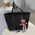 Large black nylon tote bag with leather handles and a pink bear charm for women - With Teddy Bear / Black