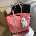 Pink nylon tote bag with long leather straps and cute plush lamb charm accessory - With Lamb / Pink