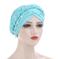 Sky blue pleated turban with braided design, white pearls, and silver metal studs - Lake Blue