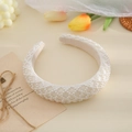 Elegant white pearl headband featuring a woven diamond mesh pattern for bridal hair styling - Style C