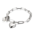 Bracelet à maillons trombones argenté avec pendentifs cœur et perle et fermoir en T - Bracelet Acier (KB138410-Z)
