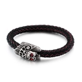 Men's punk braided leather bracelet with silver skull head and red rhinestone eyes - Silver Skull Black With Red Stitching Style (KB85135-BD)