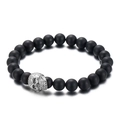 Bracciale da uomo con perle in occhio di tigre nero opaco e teschio in acciaio - Stile Perle Nere Opache Teschio Argentato (KB138347-Z)