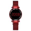 Red LED digital watch with diamond-cut glass and magnetic mesh strap for women - Red