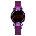 Purple LED digital watch for women with diamond-cut glass and magnetic mesh band - Purple