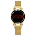 Elegant gold mesh band LED digital watch with black dial and red time display - Gold