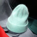 Winter angora rabbit fur double-layer thickened beanie in mint green soft knit - M (56-58cm) / Lake Green
