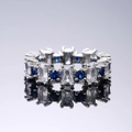 Exquisite square zircon ring with alternating blue round stones in silver setting - US 6 / Blue