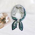 Pleated silk scarf with navy polka dots and green striped border detail - Green Border Polka Dot