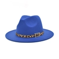 Detail of royal blue wool fedora hat with leopard print belt and golden metal buckle - M (56-58cm) / Royal Blue