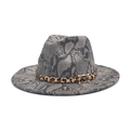 Close-up of snakeskin pattern wool fedora hat with leopard band and gold metal buckle - M (56-58cm) / Dark Gray