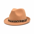 Detail of light brown wool fedora hat featuring a leopard print band and gold buckle - M (56-58cm) / Camel