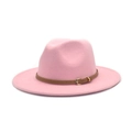 Detail of pink wool felt fedora featuring a brown leather strap and gold buckle - M(56-58cm) / Pink