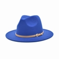 Detail of royal blue felt fedora hat featuring a slim brown leather strap with metal buckle - M(56-58cm) / Sapphire Blue