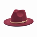 Detail of burgundy wool fedora hat featuring a tan leather band and golden metal buckle - M(56-58cm) / Burgundy