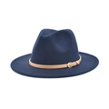 Detail of navy blue wool fedora hat featuring a brown leather band and gold metal buckle - M(56-58cm) / Navy Blue