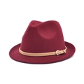 Detail view of burgundy wool felt fedora featuring a khaki leather band and gold buckle - M (56-58cm) / Burgundy
