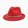Detailed view of red wool felt fedora with light brown leather band and gold buckle - M (56-58cm) / Red