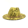 Classic fedora hat featuring a bold yellow and black snakeskin print and brown leather band - M (56-58cm) / Green