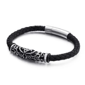 6mm black braided leather bracelet for men with silver engraved hollow metal ornament - Hollow Scroll Style (KB110190-K) / Black/Silver