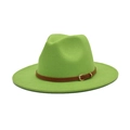 Detailed view of lime green wool felt fedora hat featuring a brown leather belt buckle - M (56-58cm) / Fruit Green