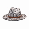 Close-up of grey python print wool fedora hat with brown leather buckle strap detail - M(56-58cm) / White Snakeskin