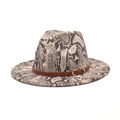 Detail of snake skin print wool fedora hat with brown faux leather belt and gold buckle - M(56-58cm) / Beige Snake Pattern
