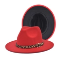 Détail du chapeau fedora rouge avec ruban léopard, boucle dorée et revers noir uni - M (56-58cm) / Rouge 1