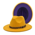 Cappello Fedora bicolore senape e viola con nastro leopardato e fibbia d'oro - M(56-58cm) / Esterno Giallo Interno Viola Bicolore