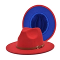 Classic two-tone wool jazz fedora hat in red and blue with decorative brown leather belt - M (56-58cm) / Red