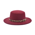 Flat top burgundy wool fedora hat for women with leopard print band and gold buckle detail - M (56-58cm) / Burgundy