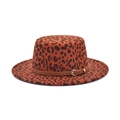 Women's leopard print wool boater hat with stylish brown leather belt and gold buckle - M (56-58cm) / Burgundy