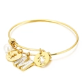 Gold stainless steel bracelet featuring letter M shell pendant and pearl charm - Letter M / Gold