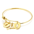 Gold-tone stainless steel cuff bracelet featuring pearl and letter Y pendant charm - Letter Y / Gold