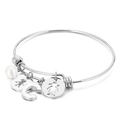 Adjustable silver steel bangle with Letter C charm, pearl, and boy-girl cutouts - Letter C / Steel