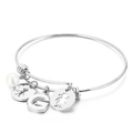 Silver stainless steel bangle with letter G, pearl, and family charms on white background - Letter G / Steel