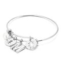 Silver stainless steel open bangle with M initial charm, white pearl, and figure charms - Letter M / Steel