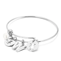 Silver stainless steel elastic cuff bracelet with shell pearl and letter W charm - Letter W / Steel