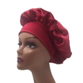 Red silk satin elastic wide-band sleep bonnet for hair care on female mannequin head - One Size / Burgundy